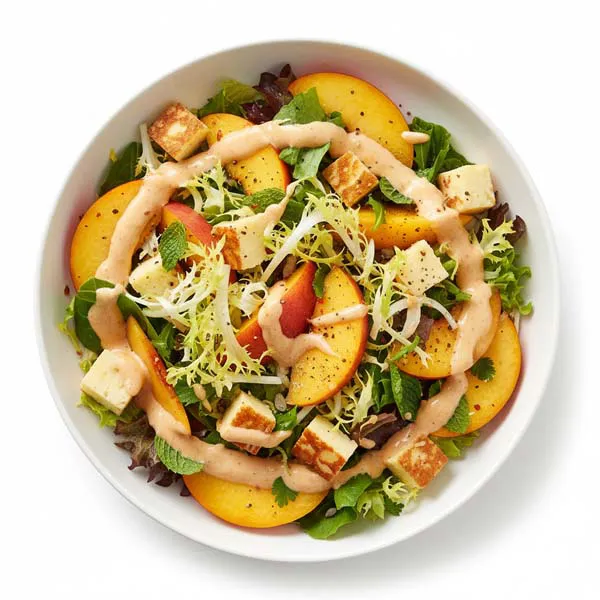 Warm Spice Nectarine and Matured Cheddar salad with peach and ginger dressing